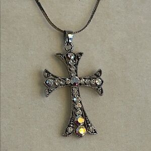 Gothic Rainbow Crystal Cross Necklace - Diamante Crucifix Pendant on 925 chain